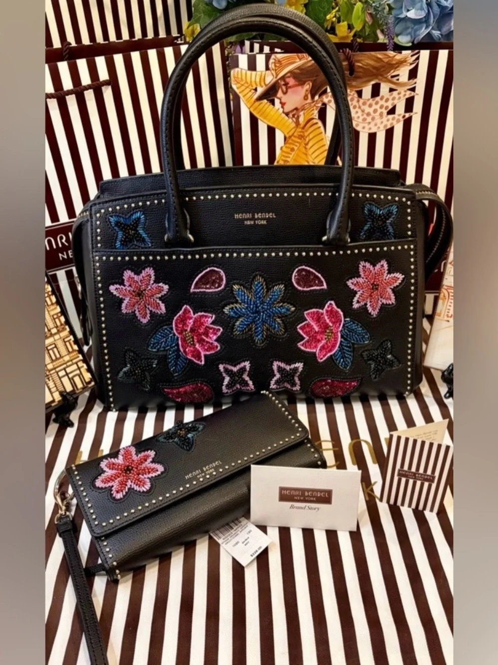 HENRI BENDEL West 57th Embellished Floral Appliqué Satchel w/dusty-shopping bag